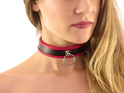 Halsfessel mit Ring der O schwarz rot Slave Halsband schmal Bondage Leder Style (rot-schwarz)