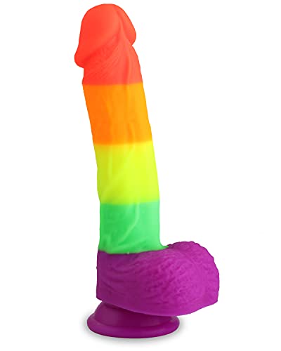 21 cm realistischer Dildo mit starker Saugnapfbasis zum Freisprechen, Dildo mit gebogenem Schaft und Bällen für vaginales G-Punkt-Analspiel Sexspielzeug für Frauen, Männer und Paare (Regenbogen)