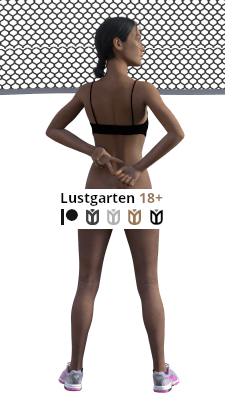 Nadja steht vor der nächsten Angabe am Netz und gibt hinter dem Rücken ein Zeichen, während sie über ihre rechte Schulter schaut. Die Blicke ihrer Mitspielerinnen fallen dabei direkt auf den nackten Po, da die Schülerin kein Höschen trägt. Stattdessen aber einen schwarzen BH sowie pink-graue Turnschuhe. Die schwarzen Haare hat sie zu einem Zopf gebunden.