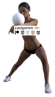 Nataschas Augen ruhen auf dem Ball, den sie gerade mit einem unteren Zuspiel sauber annimmt und weiterspielt. Da die junge Frau lediglich einen schwarzen Slip und pink-graue Turnschuhe trägt, gewährt sie einen ungehinderten Blick auf ihre kleinen Brüste, deren Brustwarzen sich hart aufgestellt haben.