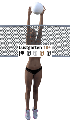 Mit einem kräftigen Sprung und hochgerissenen Armen blockt Natascha den Angriffsschlag des gegnerischen Teams gekonnt ab. Da sie im Team _oben ohne_ spielt, hüpfen ihre blanken Brüste dabei sichtbar mit. Ein schwarzer Slip bedeckt den Schambereich. Die Füße, welche in pink-grauen Turnschuhen stecken, sind im Sprung gestreckt.